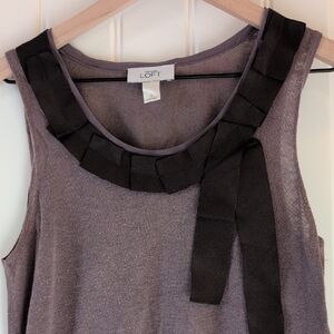 LOFT Women's Charcoal Sleeveless Blouse with Black Ribbon Detail